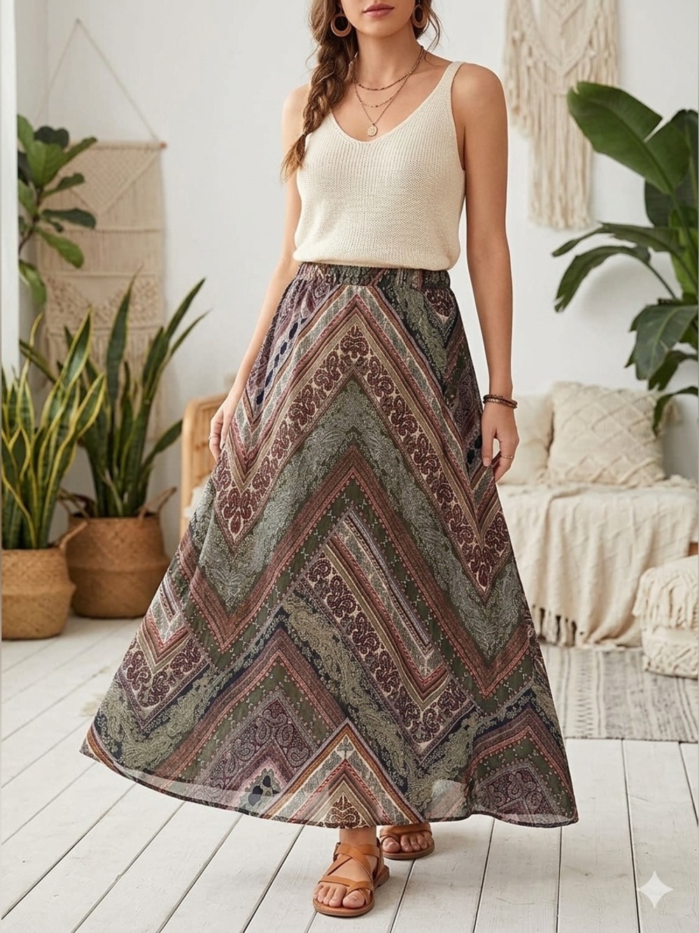 NY Collection Boho Paisley Patchwork Maxi Skirt Geometric Olive Burgundy❤️